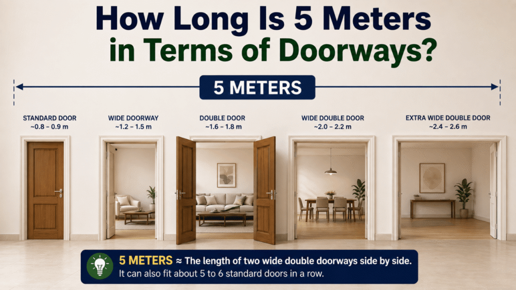 5-meter length comparison using standard, wide, double, and extra-wide doorways.