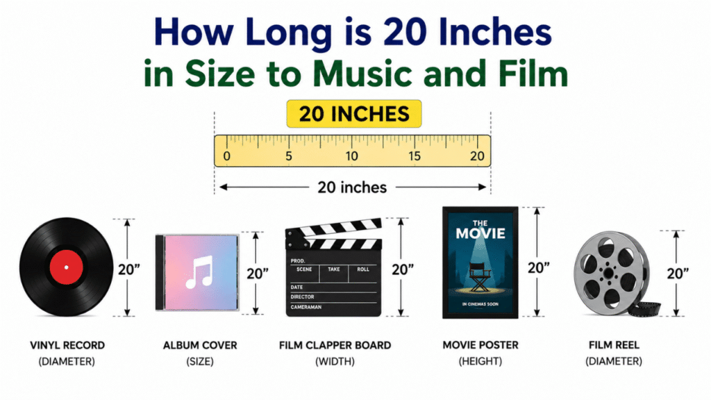 20-inch size comparison with music and film items, including a vinyl record, album cover, film clapperboard, movie poster, and film reel.