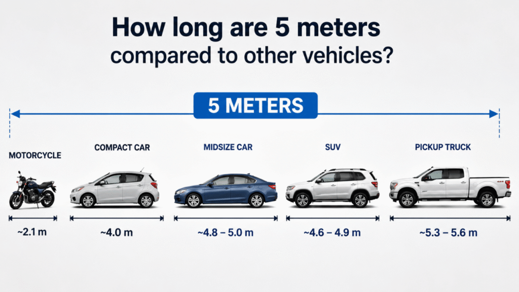 5-meter length comparison with a motorcycle, compact car, midsize car, SUV, and pickup truck.