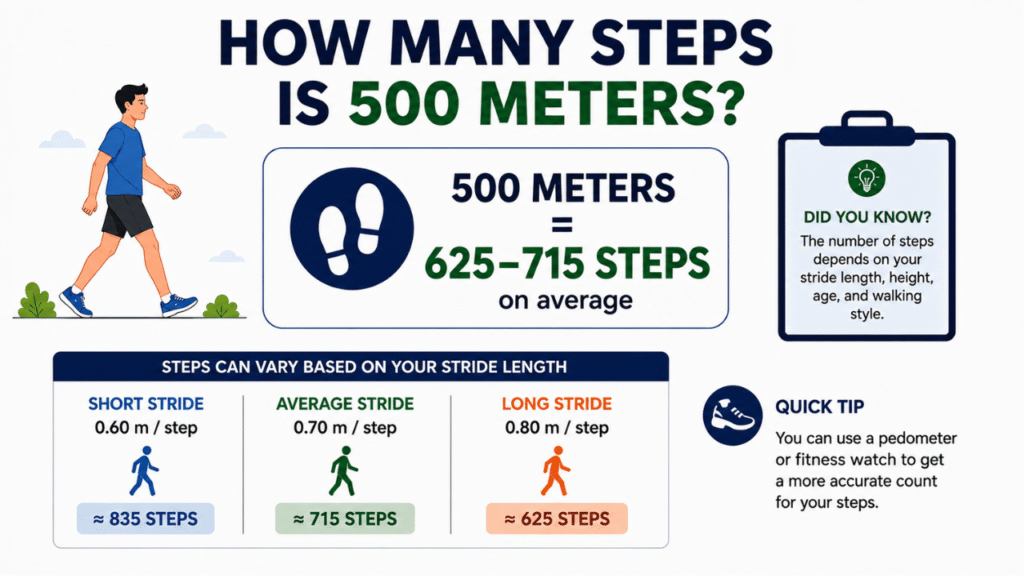 500-meter step count comparison showing approximately 625–715 steps based on average stride length, with variations for shorter and longer strides.