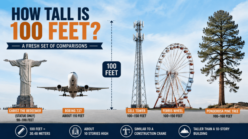 How tall is 100 feet illustrated with comparisons to Christ the Redeemer, a Boeing 737, cell tower, Ferris wheel, and Ponderosa pine tree.