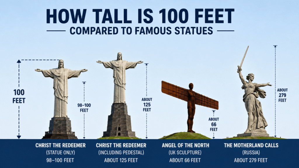 100 feet compared with famous statues, including Christ the Redeemer, Angel of the North, and The Motherland Calls.