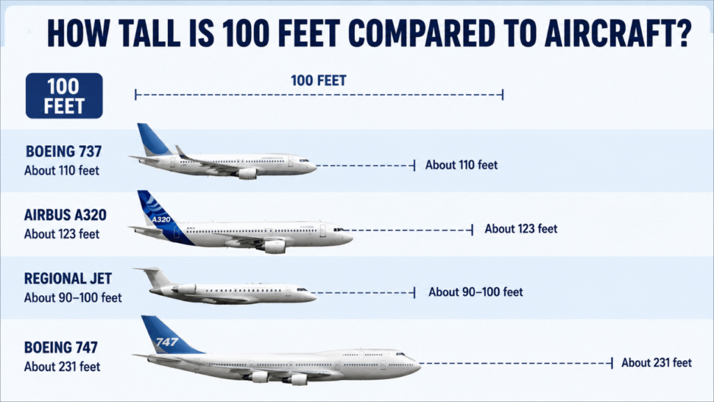 100 feet compared with aircraft lengths, including Boeing 737, Airbus A320, regional jet, and Boeing 747.
