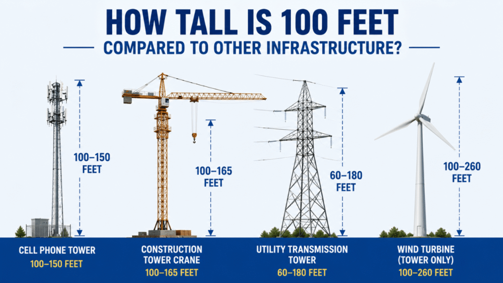 100 feet compared with common infrastructure, including a cell phone tower, construction crane, utility transmission tower, and wind turbine.