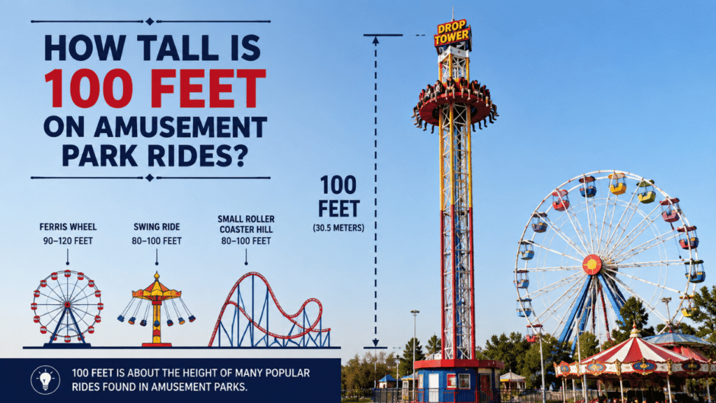 100-foot height comparison on amusement park rides with a drop tower, Ferris wheel, swing ride, and roller coaster.