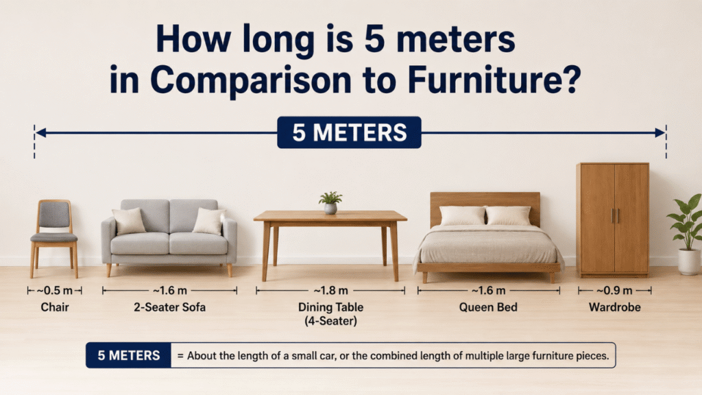5-meter length comparison with common furniture, including a chair, sofa, dining table, queen bed, and wardrobe.