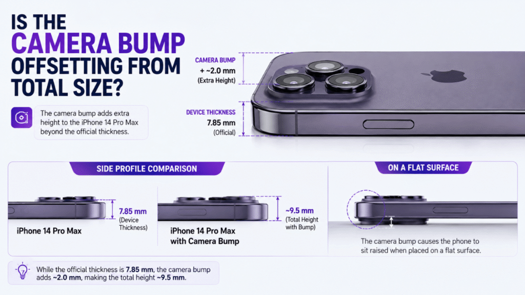 iPhone 14 Pro Max camera bump comparison showing the official 7.85 mm thickness, raised camera module, and how the bump affects the phone’s total depth on a flat surface.