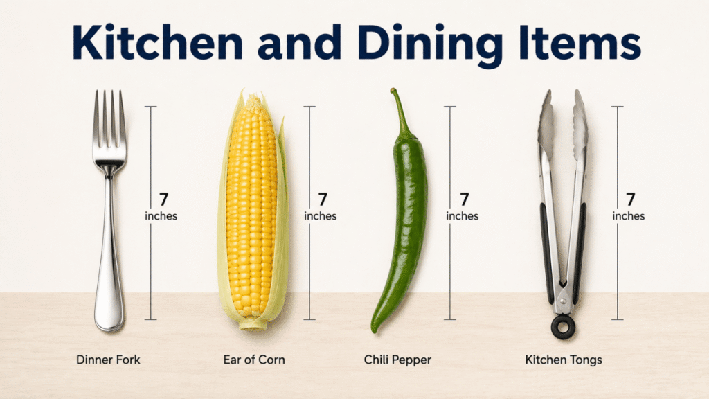 Kitchen and dining items measuring about 7 inches, including a dinner fork, ear of corn, chili pepper, and kitchen tongs.