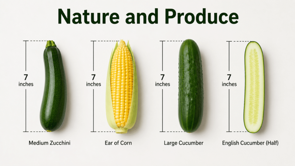 Nature and produce examples of 7 inches long, including a medium zucchini, ear of corn, large cucumber, and half an English cucumber.