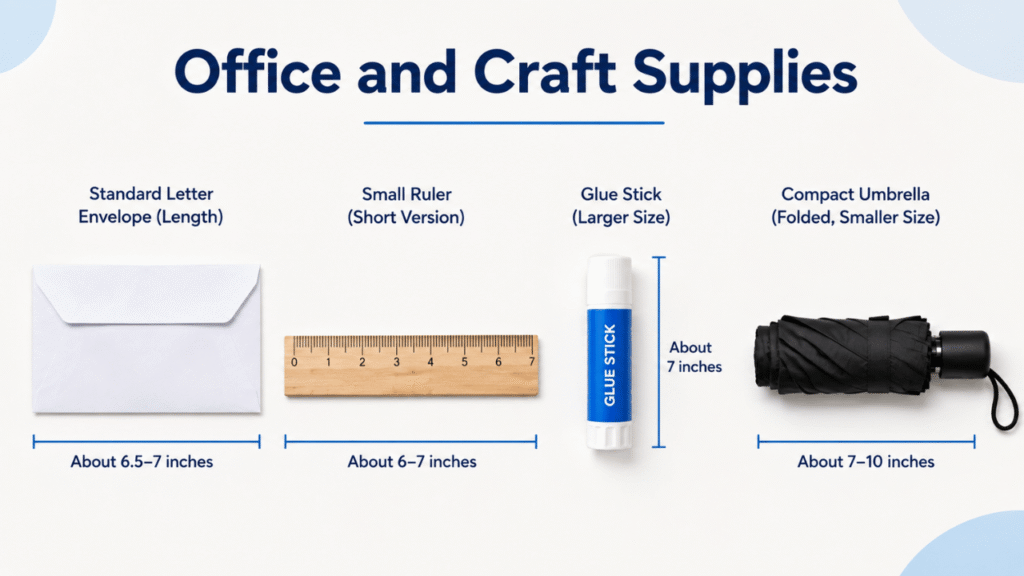 Office and craft supplies that are approximately 7 inches long, including an envelope, small ruler, glue stick, and folded compact umbrella.