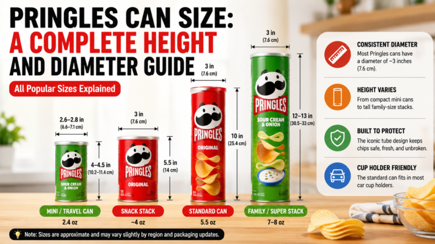 Infographic comparing Pringles can size with height, diameter, and dimensions for all popular variants.