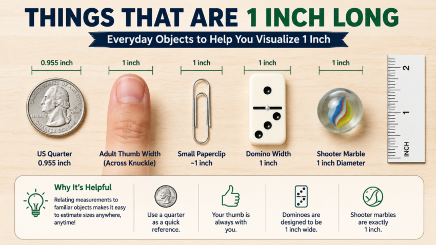Feature image showcasing common things that are 1 inch long, including a US quarter, thumb width, paperclip, domino, and shooter marble, with measurement labels for easy size comparison.
