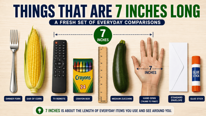 Things that are 7 inches long, showing everyday comparisons such as a dinner fork, ear of corn, TV remote, crayon box, zucchini, hand span, envelope, and glue stick.