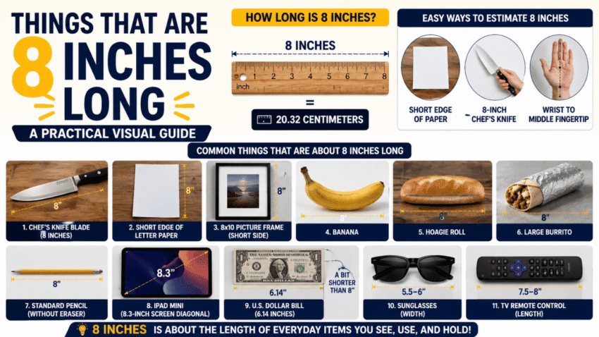 Feature image showing things that are 8 inches long, including a chef's knife, banana, hoagie roll, burrito, 8×10 picture frame, TV remote, and ruler for easy size comparison.