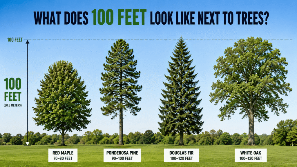 100-foot height comparison showing Red Maple, Ponderosa Pine, Douglas Fir, and White Oak trees.