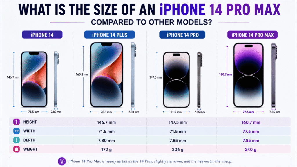 Size comparison of iPhone 14, iPhone 14 Plus, iPhone 14 Pro, and iPhone 14 Pro Max, showing differences in height, width, thickness, and weight.