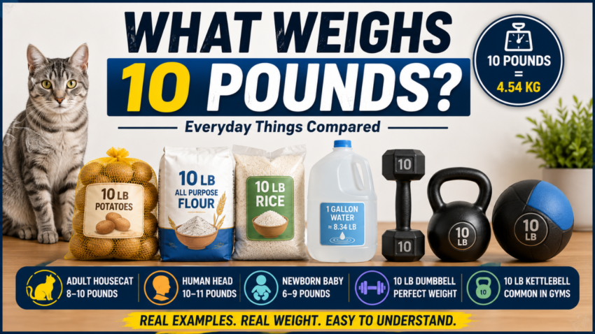 Feature image showing what weighs 10 pounds with everyday examples, including a housecat, 10-pound bags of potatoes, flour, rice, a dumbbell, kettlebell, and medicine ball for easy weight comparison.