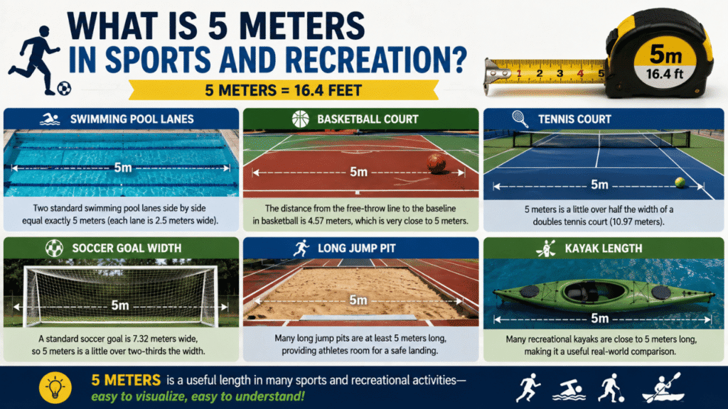 Infographic showing what 5 meters looks like in sports and recreation, with comparisons to swimming pool lanes, basketball and tennis courts, a soccer goal, a long jump pit, and a recreational kayak.