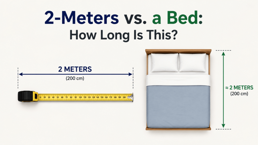 Simple comparison of 2 meters (200 cm) with a bed, showing a 2-meter measuring tape and approximate bed length.