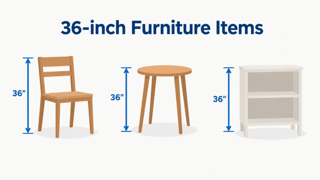 Simple infographic showing 36-inch furniture items, including a chair, side table, and shelf unit, with height markers.