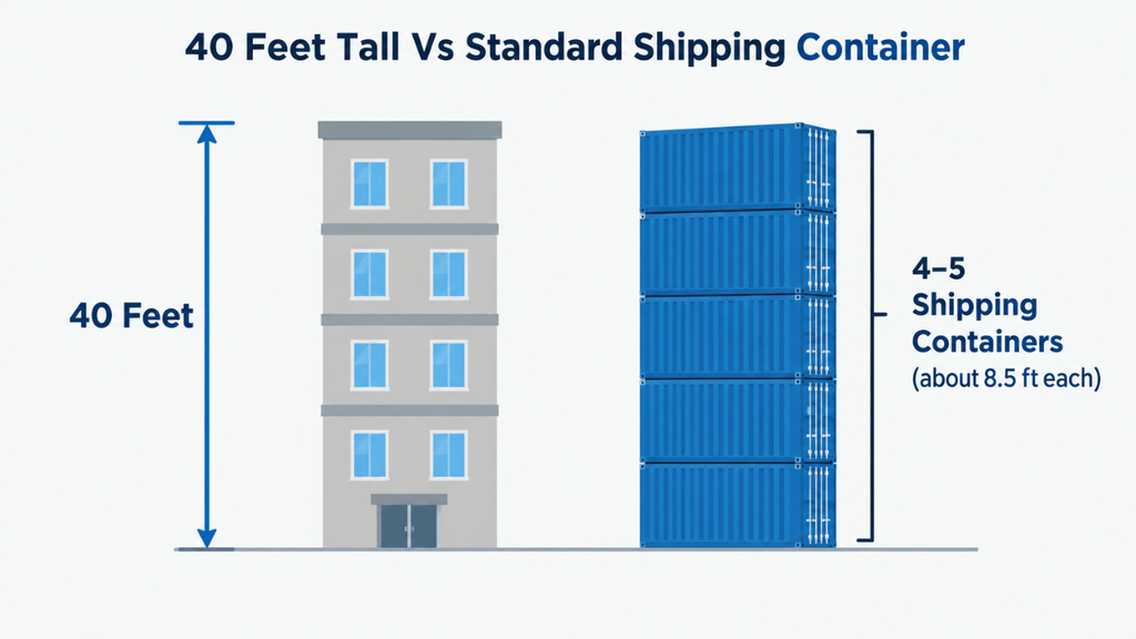 Simple comparison showing 40 feet tall versus four to five stacked standard shipping containers.
