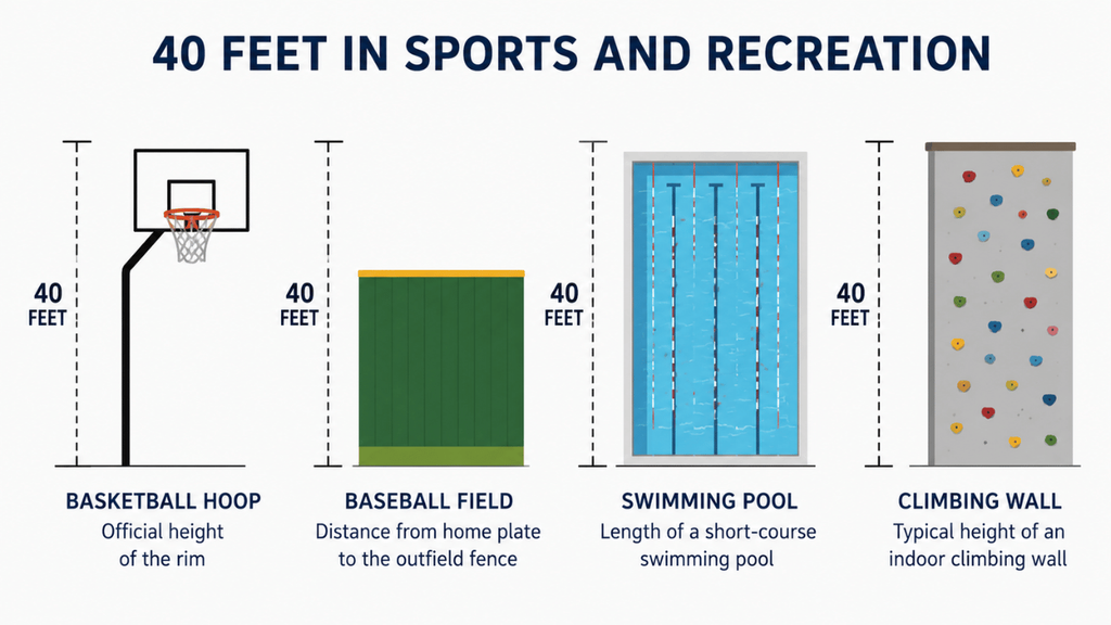 Simple infographic showing 40 feet compared with sports and recreation examples, including a basketball hoop, baseball field, swimming pool, and climbing wall.