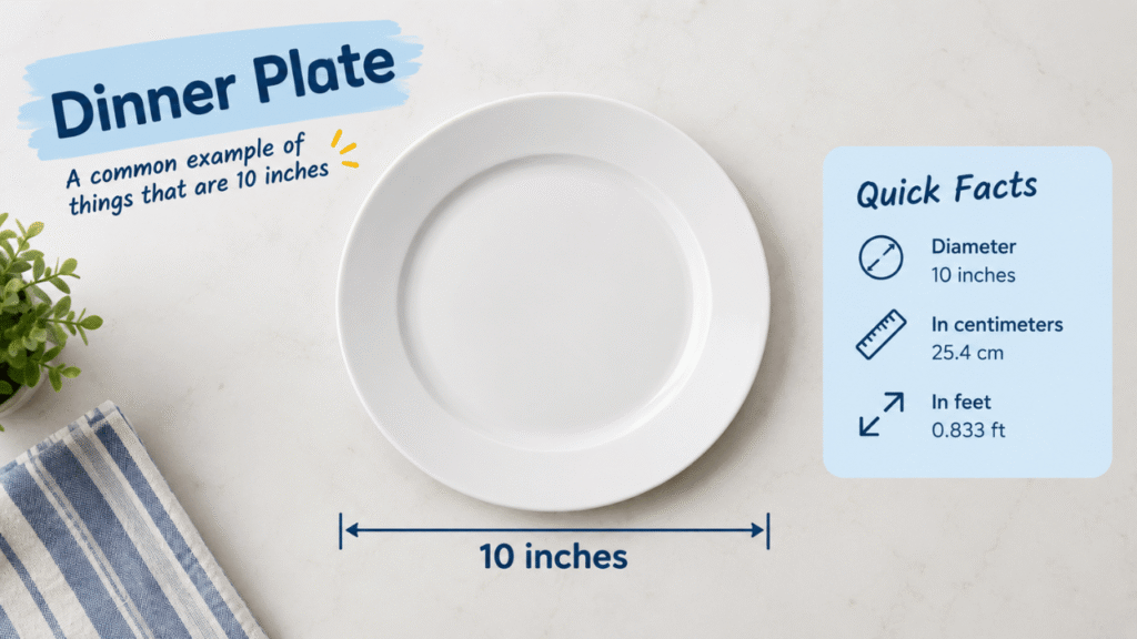 See what 10 inches looks like with a dinner plate. Learn about the typical plate diameter and use this everyday object to visualize 10 inches.