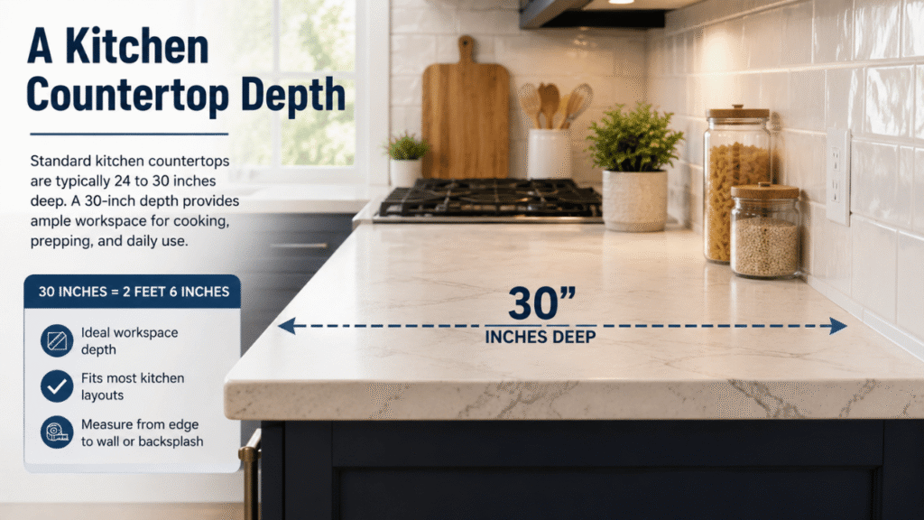 30-inch kitchen countertop depth illustrated with a modern kitchen workspace and measurement guide.