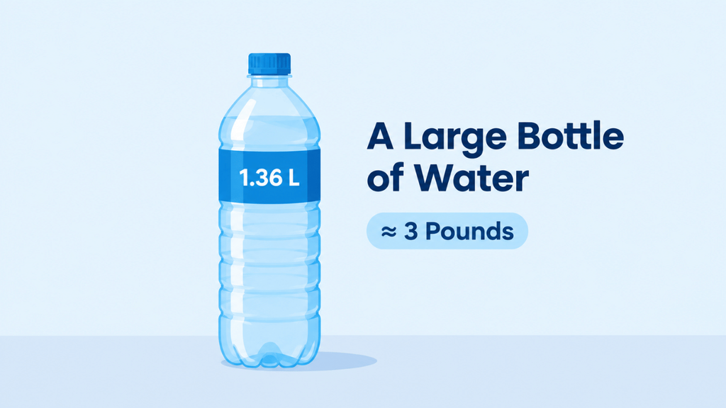 Simple illustration of a large 1.36-liter bottle of water representing approximately 3 pounds.