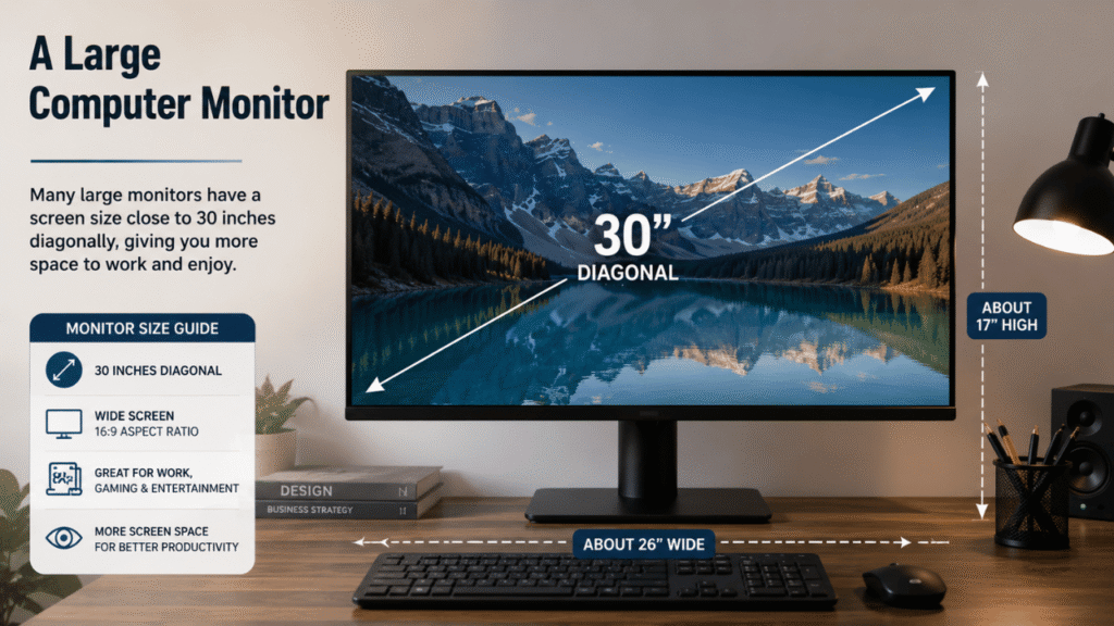 Large 30-inch computer monitor on a modern desk, illustrating its diagonal screen size for work, gaming, and multitasking.