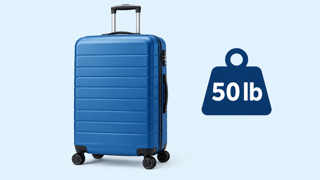 Large suitcase weighing 50 pounds, illustrating the weight of a fully packed suitcase.