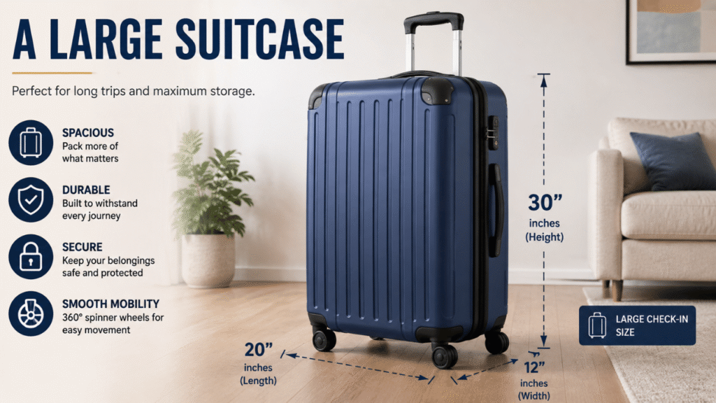 Large 30-inch suitcase standing upright, showing its size as a practical example of things that are 30 inches.
