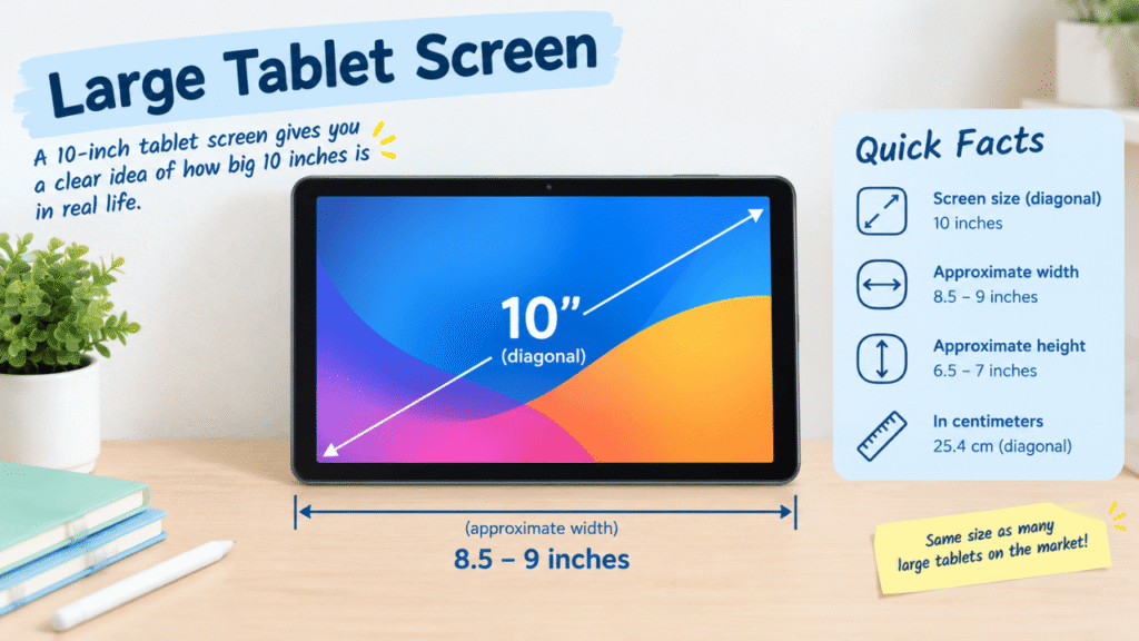 10-inch tablet screen shown with a diagonal measurement, illustrating the size of 10 inches in real life.