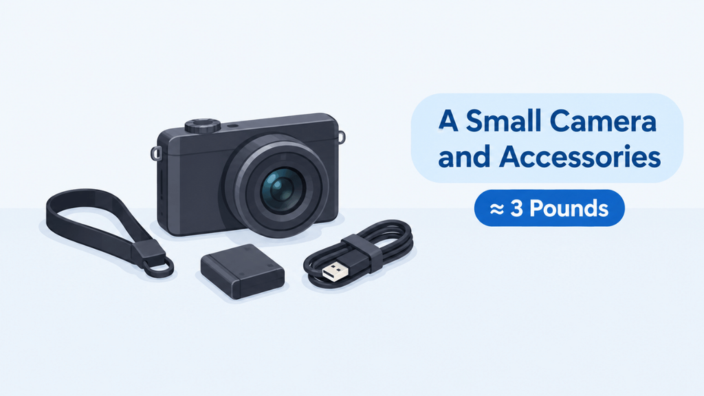 Simple illustration of a small camera with accessories, including a camera strap, battery, and USB cable, representing approximately 3 pounds.