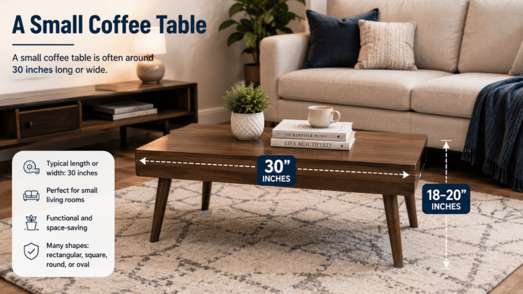 Small 30-inch coffee table in a modern living room, showing its compact size as an everyday object around 30 inches.