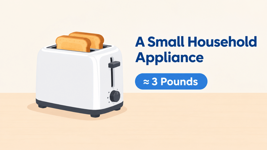 Simple illustration of a small household appliance, featuring a compact toaster representing approximately 3 pounds.