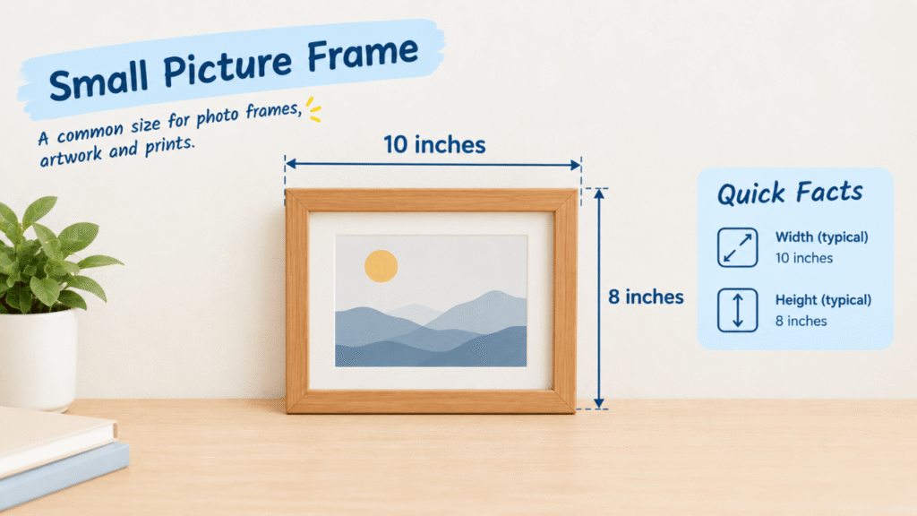 Small picture frame approximately 10 inches wide and 8 inches tall, used to illustrate the size of 10 inches.