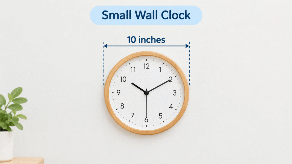 Simple small wall clock measuring 10 inches across, illustrating the size of a 10-inch diameter.
