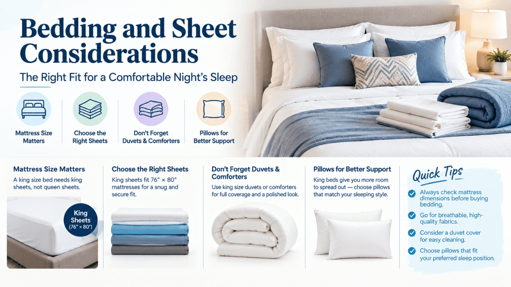 Bedding and sheet considerations for a king size bed, including mattress size, sheets, duvets, comforters, and pillows.