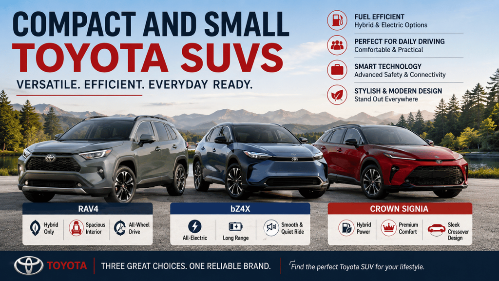 Compact and small Toyota SUVs featuring the RAV4, bZ4X, and Crown Signia with hybrid, electric, technology, comfort, and practical features.