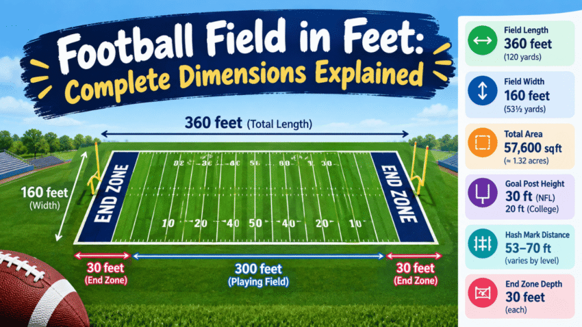 Football field in feet showing 360-foot length, 160-foot width, end zones, and key dimensions.