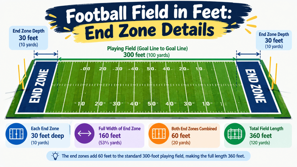 Football field end zone details showing 30-foot end zones and the full 360-foot field length.