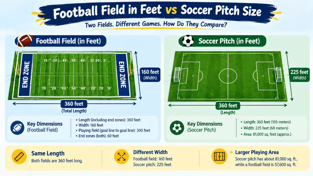 Football field vs soccer pitch size comparison showing length, width, and playing area measurements.