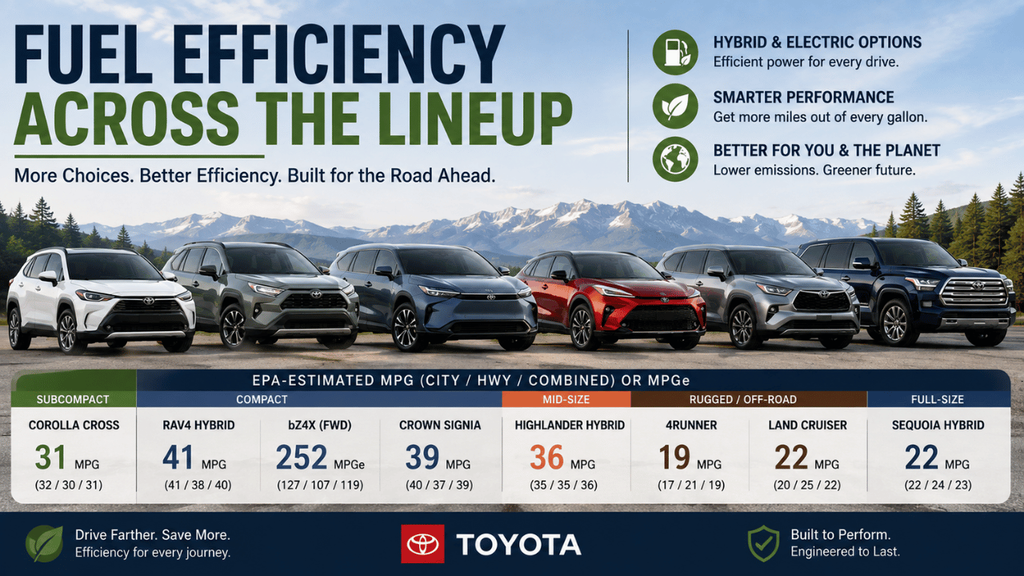 Fuel efficiency across the Toyota SUV lineup, comparing fuel economy of models from the Corolla Cross and RAV4 Hybrid to the Sequoia Hybrid.