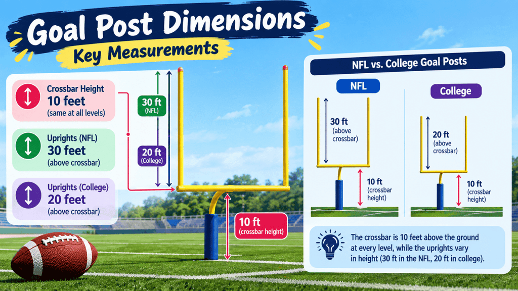 Goal post dimensions showing 10-foot crossbar height and NFL and college upright measurements.