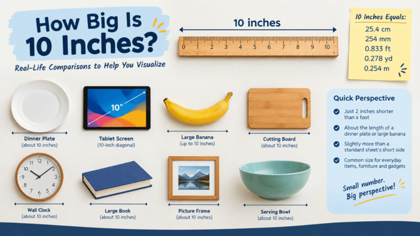 How big is 10 inches illustrated with a ruler and everyday objects including a dinner plate, tablet, banana, cutting board, wall clock, book, picture frame, and serving bowl.