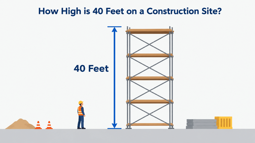 Simple construction site illustration showing a 40-foot scaffold with a worker, safety cones, and construction materials for height comparison.