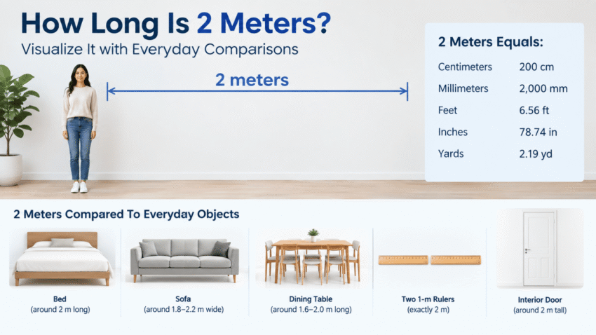How long is 2 meters infographic showing a 2-meter measurement with everyday comparisons including a bed, sofa, dining table, rulers, and interior door.
