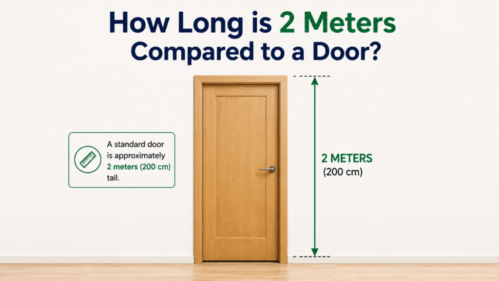 Simple comparison showing 2 meters (200 cm) next to a standard door, illustrating the approximate height of a door.