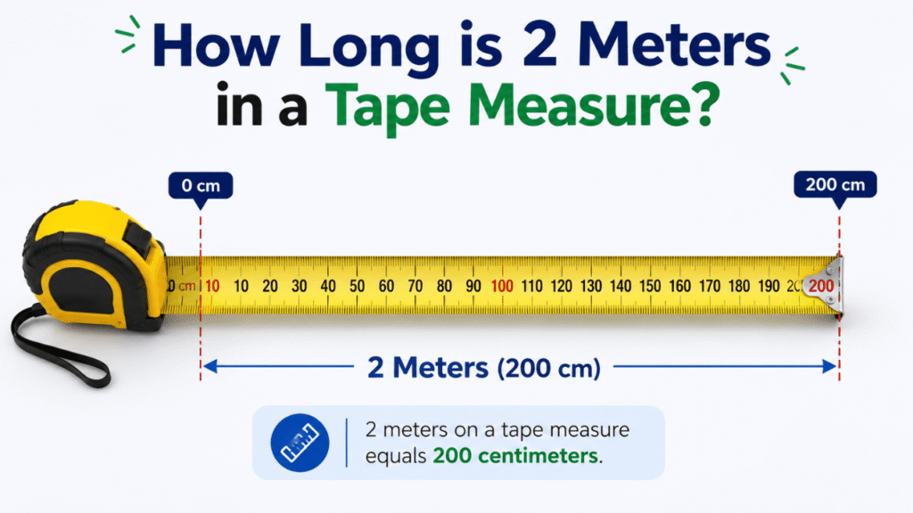 Tape measure showing 2 meters (200 centimeters) with labeled measurement markers from 0 to 200 cm.